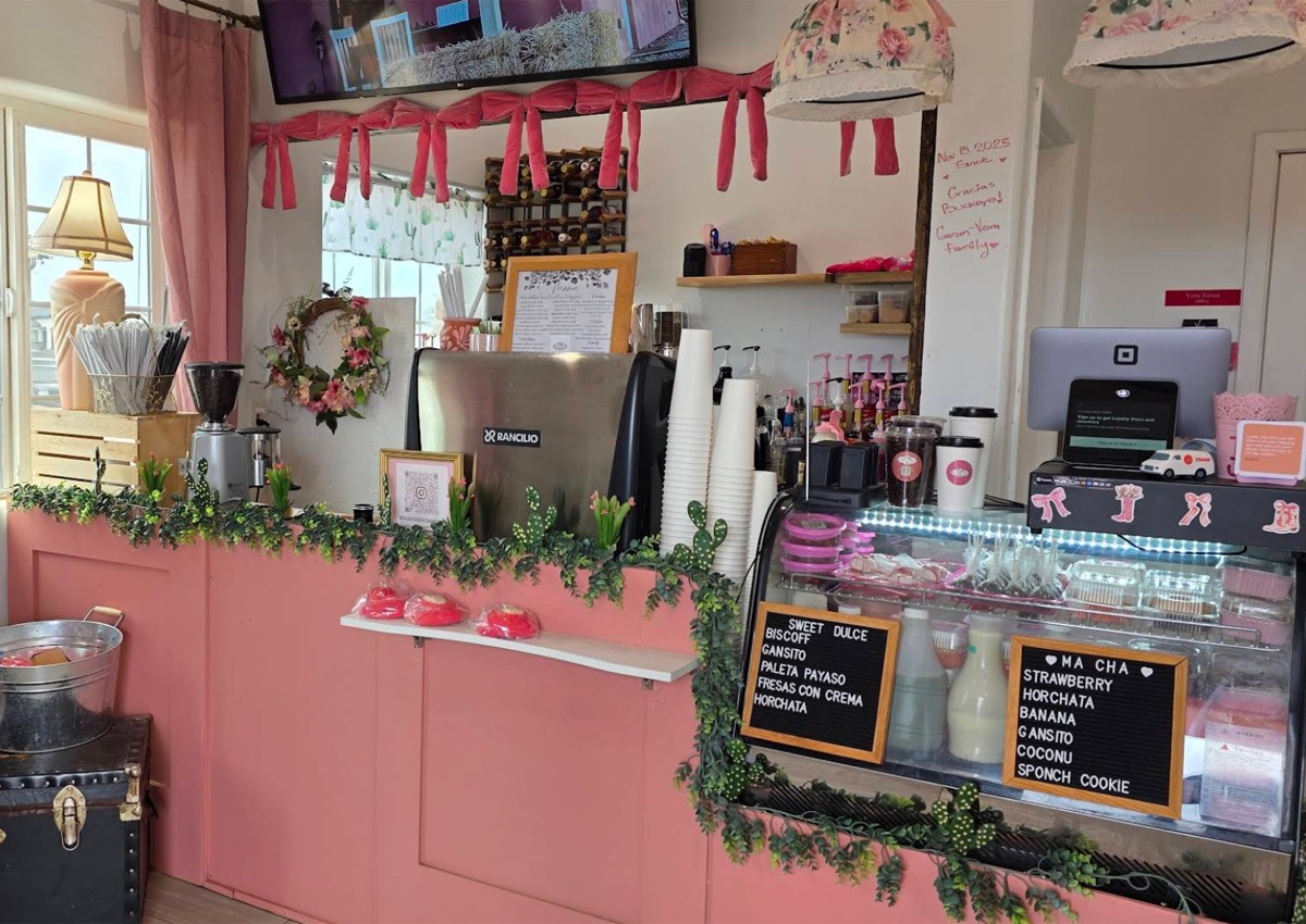 Inside La Casita Rosa Coffee - the pink counter and menu